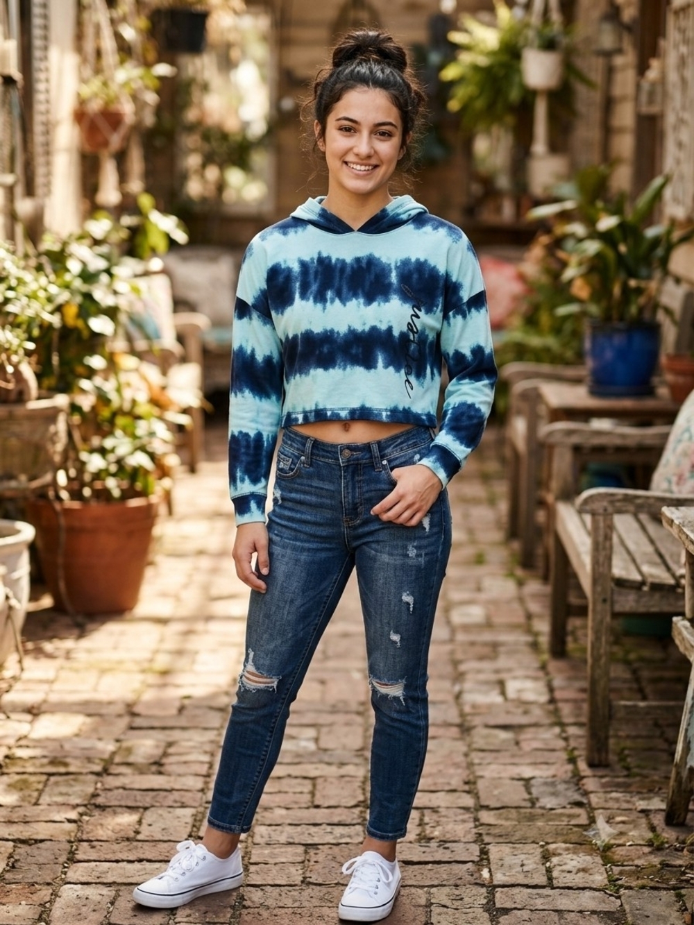 Justice Navy & Light Blue Tie-Dye Cropped Hoodie.  Size M Like New   HJ 4